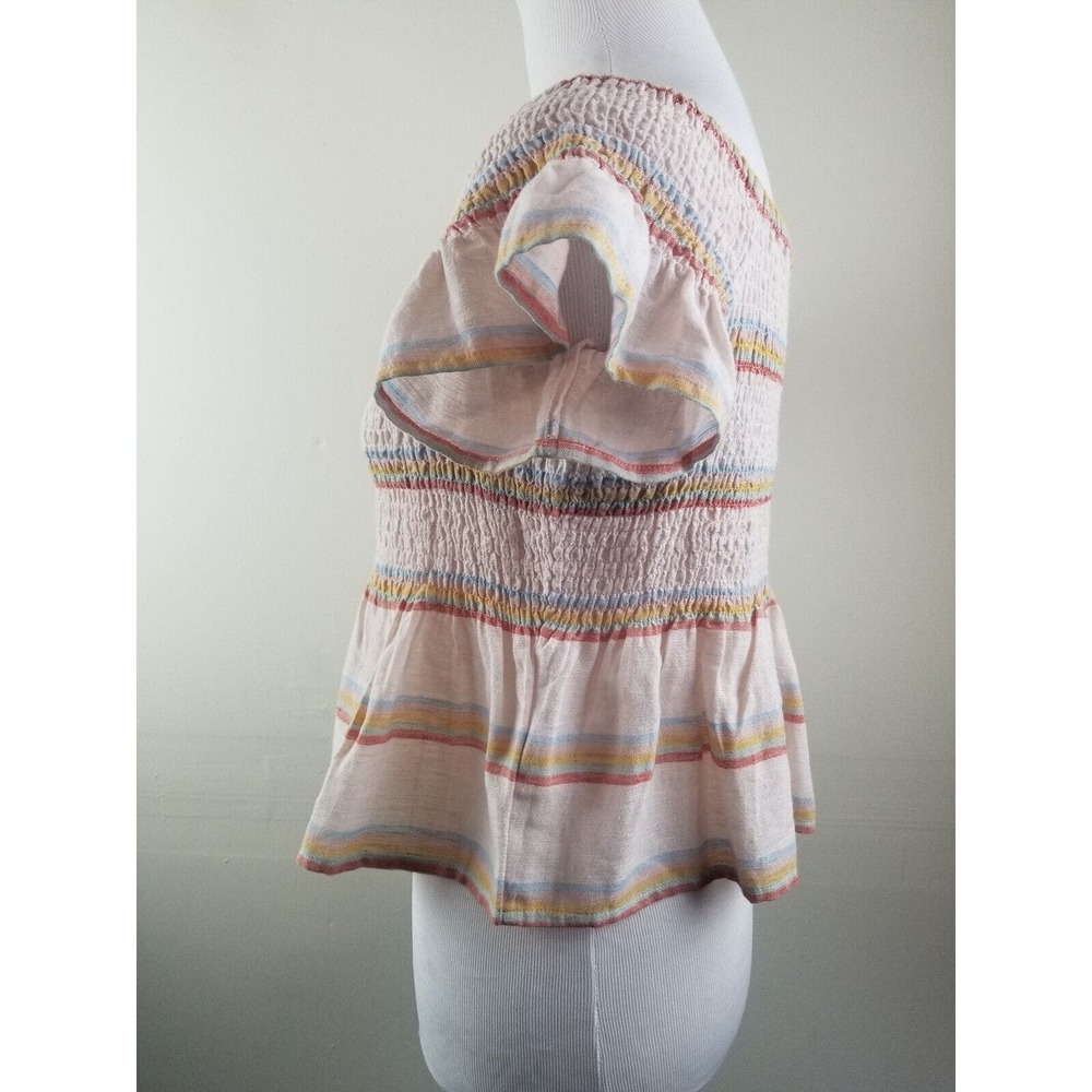 American Eagle Medium Top Smocked Peplum Crop Linen Blend Striped Women’s - Picture 4 of 10